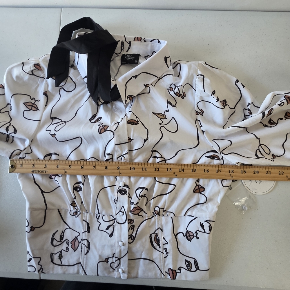 Milk & Honey Tie Neck Shirt XL Faces Print Button-up Top Long Sleeve Artsy NEW - Picture 6 of 13